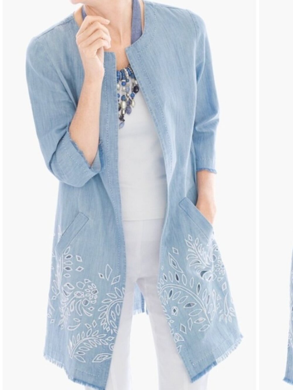 Chico's Chambray Denim Eyelet Fringe Detail Lightweight Cotton Jacket